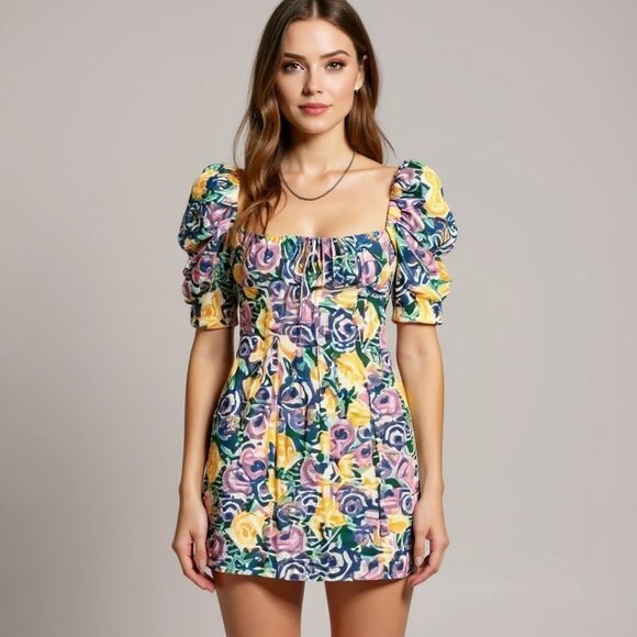 Zara Yellow & Purple Floral Print Corset Style Mini Dress Size Medium - Picture 1 of 14